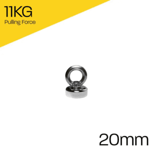 Powerful small recovery 20mm pot magnet, featuring a nickel-copper-nickel coating and an 16KG pull force. These Neodymium magnets are often used for hanging, shock absorption, magnetic lock mechanisms, lifting metal plates and retrieval of small metal objects.