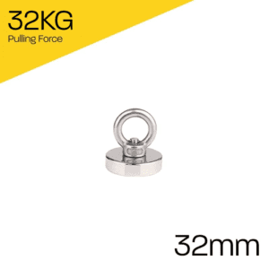 Powerful small recovery 32mm pot magnet, featuring a nickel-copper-nickel coating and an 38KG pull force. These Neodymium magnets are often used for hanging, shock absorption, magnetic lock mechanisms, lifting metal plates and retrieval of small metal objects.