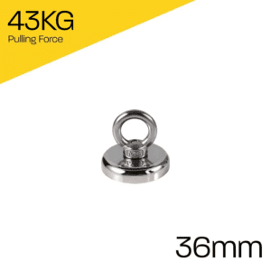 Powerful small recovery 36mm pot magnet, featuring a nickel-copper-nickel coating and an 48KG pull force. These Neodymium magnets are often used for hanging, shock absorption, magnetic lock mechanisms, lifting metal plates and retrieval of small metal objects.