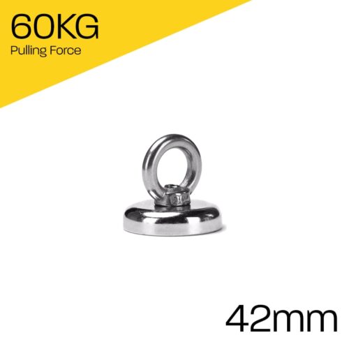 Powerful small recovery 42mm pot magnet, featuring a nickel-copper-nickel coating and an 60KG pull force. These Neodymium magnets are often used for hanging, shock absorption, magnetic lock mechanisms, lifting metal plates and retrieval of small metal objects.