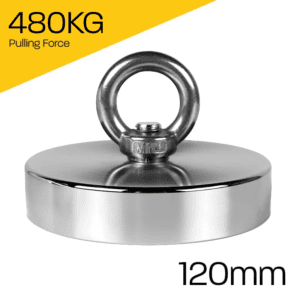 Heavy-duty fishing magnet brand Magnet Store 120mm Pot Magnet featuring a nickel-copper-nickel coating and an 480KG pull force, commonly used in for retrieving items from bodies of water such as canals and rivers.