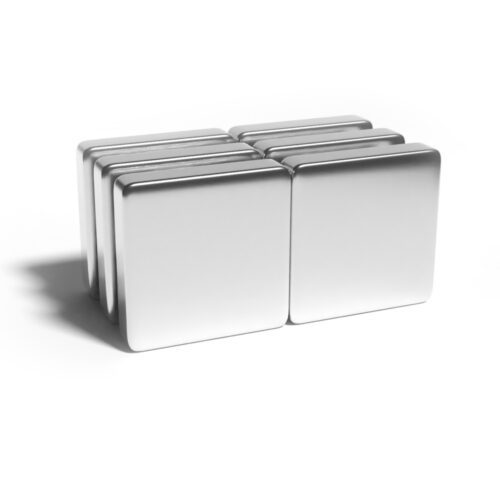 Square Block Neodymium magnet with dimensions 45mm x 45mm x 10mm, grade N38, featuring a nickel-copper-nickel coating and an 33.64KG pull force, commonly used in industrial applications, electronics, and hobby projects.