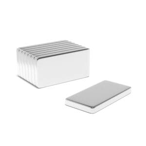 Rectangular Block Neodymium magnet with dimensions 20mm x 10mm x 2mm, grade N42, featuring a nickel-copper-nickel coating and an 2.22kg pull force, commonly used in industrial applications, electronics, and hobby projects.