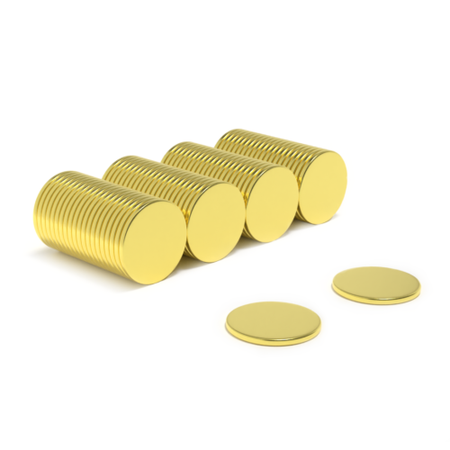 Round Gold Circular Disc Neodymium magnet with dimensions 12mm x 1mm, grade N52 , featuring a nickel-copper-nickel coating and an 0.87KG pull force, commonly used in DIY, crafts, furniture design, fixings, kitchen design, sale display units, scale models, lock mechanisms, science experiments, computing and many more.