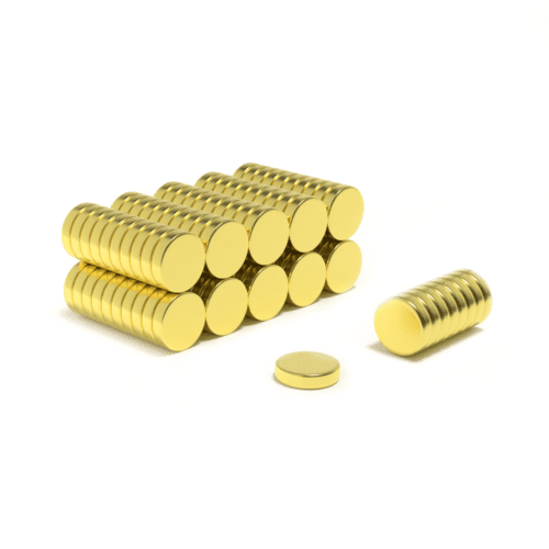 Round Gold Circular Disc Neodymium magnet with dimensions 8mm x 2mm, grade N52 , featuring a nickel-copper-nickel coating and an 1.1KG pull force, commonly used in DIY, crafts, furniture design, fixings, kitchen design, sale display units, scale models, lock mechanisms, science experiments, computing and many more.