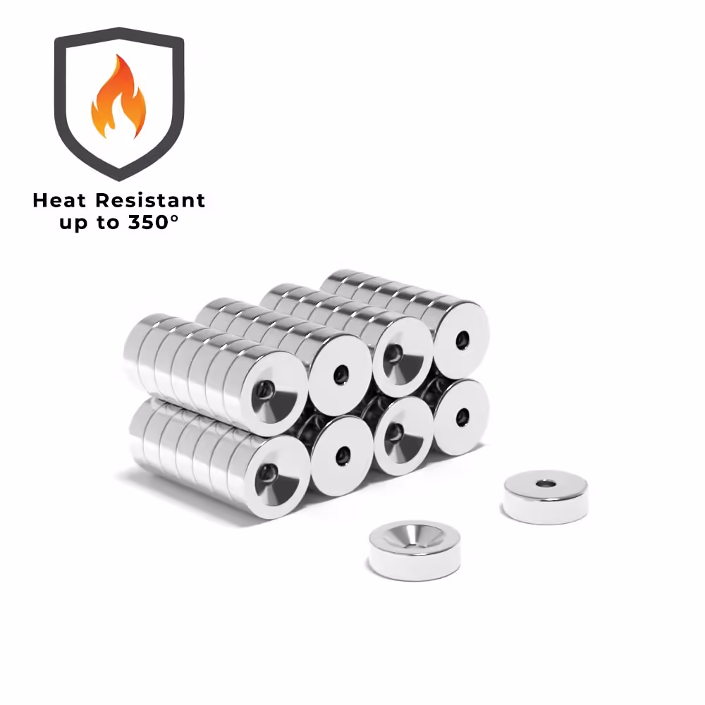 Round Circular Disc Samarium Cobalt magnet with countersunk hole for screwing and with dimensions 10mm x 5mm x (3.2mm Countersunk Hole), grade Sm2Co17 , featuring a nickel-copper-nickel coating and an 0.29KG pull force, commonly used in industries like engineering, manufacturing and packaging for their strong magnetic properties. These magnets are ideal for automotive sensors, electric motors, renewable energy solutions, audio equipment, and scientific research.