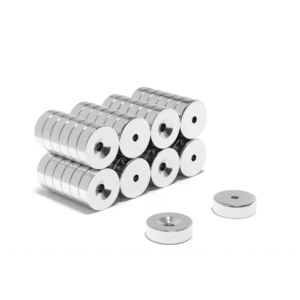 Round Circular Disc Neodymium magnet with countersunk hole for screwing and with dimensions 16mm x 5mm x (3.5mm Countersunk Hole), grade N42, featuring a nickel-copper-nickel coating and an 5.81KG pull force, commonly used in DIY, crafts, furniture design, fixings, kitchen design, lock mechanisms and science experiments.