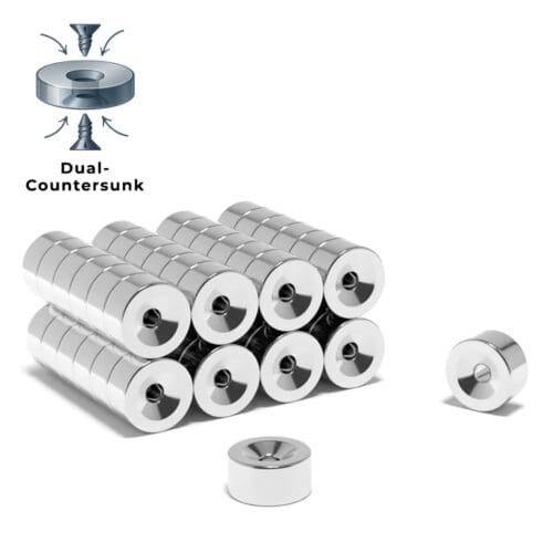 Round Circular Disc Neodymium magnet with dual countersunk hole for screwing and with dimensions 10mm x 5mm x (5mm Countersunk Hole), grade N42, featuring a nickel-copper-nickel coating and an 2.90KG pull force, Featuring countersunk holes on both sides. These magnets are perfect for DIY projects, crafts, woodworking, furniture making, manufacturing, and science experiments.