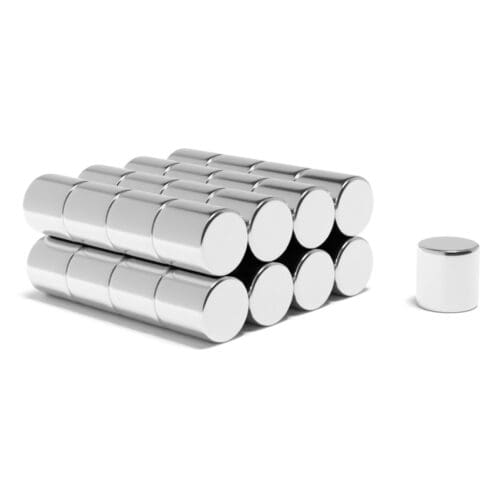 Round Circular Cylinder Rod Neodymium magnet with dimensions 14mm x 14mm, grade N45 , featuring a nickel-copper-nickel coating and an 8.84KG pull force, commonly used in DIY, crafts, furniture design, fixings, kitchen design, sale display units, scale models, lock mechanisms, science experiments, computing and many more.