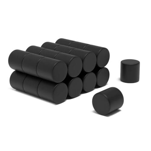 Black Cylinder Epoxy Neodymium magnet with dimensions 15mm x 15mm, grade N52 , featuring a nickel-copper-nickel coating and an 11.88KG pull force, commonly used for DIY, crafts, woodworking, furniture making, manufacturing and science experiments.
