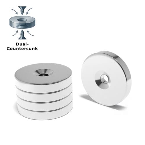 Round Circular Disc Neodymium magnet with dual countersunk hole for screwing and with dimensions 30mm x 5mm x (5mm Countersunk Hole), grade N52, featuring a nickel-copper-nickel coating and an 14.55KG pull force, Featuring countersunk holes on both sides. These magnets are perfect for DIY projects, crafts, woodworking, furniture making, manufacturing, and science experiments.