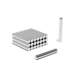 Round Circular Cylinder Rod Neodymium magnet with dimensions 3mm x 20mm, grade N52 , featuring a nickel-copper-nickel coating and an 0.45KG pull force, commonly used in DIY, crafts, furniture design, fixings, kitchen design, sale display units, scale models, lock mechanisms, science experiments, computing and many more.