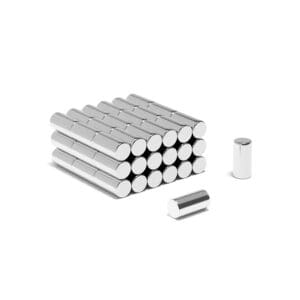 Round Circular Cylinder Rod Neodymium magnet with dimensions 5mm x 10mm, grade N52 , featuring a nickel-copper-nickel coating and an 1.26KG pull force, commonly used in DIY, crafts, furniture design, fixings, kitchen design, sale display units, scale models, lock mechanisms, science experiments, computing and many more.