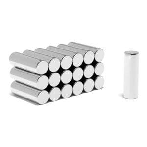 Round Circular Cylinder Rod Neodymium magnet with dimensions 8mm x 25mm, grade N52 , featuring a nickel-copper-nickel coating and an 3.76KG pull force, commonly used in DIY, crafts, furniture design, fixings, kitchen design, sale display units, scale models, lock mechanisms, science experiments, computing and many more.