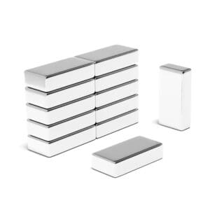 Rectangular Block Neodymium magnet with dimensions 20mm x 10mm x 5mm, grade N52, featuring a nickel-copper-nickel coating and an 7.41kg pull force, commonly used in industrial applications, electronics, and hobby projects.