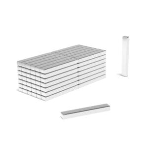 Rectangular Block Neodymium magnet with dimensions 20mm x 3mm x 2mm, grade N52, featuring a nickel-copper-nickel coating and an 1.24kg pull force, commonly used in industrial applications, electronics, and hobby projects.