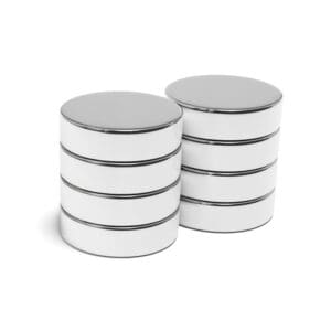 Round Circular Disc Neodymium magnet with dimensions 22mm x 6mm, grade N54, featuring a nickel-copper-nickel coating and an 12.70KG pull force, commonly used in DIY, crafts, furniture design, fixings, kitchen design, sale display units, scale models, lock mechanisms, science experiments, computing and many more.