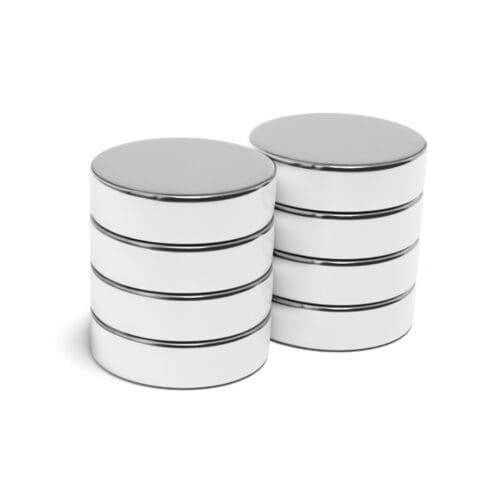 Round Circular Disc Neodymium magnet with dimensions 22mm x 6mm, grade N54, featuring a nickel-copper-nickel coating and an 12.70KG pull force, commonly used in DIY, crafts, furniture design, fixings, kitchen design, sale display units, scale models, lock mechanisms, science experiments, computing and many more.