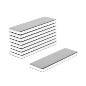 Rectangular Block Neodymium magnet with dimensions 30mm x 10mm x 2mm, grade N52, featuring a nickel-copper-nickel coating and an 3.43kg pull force, commonly used in industrial applications, electronics, and hobby projects.