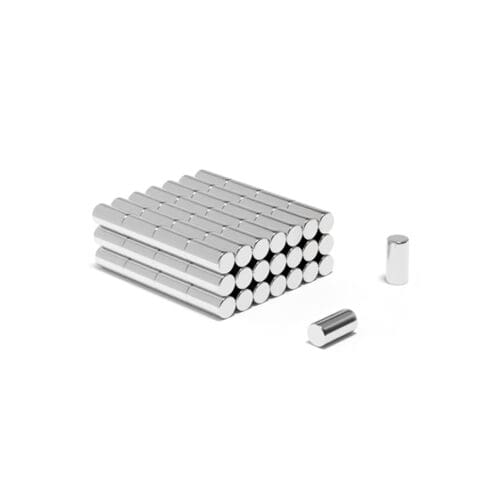 Round Circular Cylinder Rod Neodymium magnet with dimensions 3mm x 6mm, grade N52, featuring a nickel-copper-nickel coating and an 0.43KG pull force, commonly used in DIY, crafts, furniture design, fixings, kitchen design, sale display units, scale models, lock mechanisms, science experiments, computing and many more.