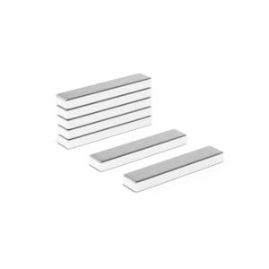 Rectangular block Neodymium magnet with dimensions 20mm x 4mm x 2mm, grade N52, featuring a nickel-copper-nickel coating and an 1.50KG pull force, commonly used in DIY, crafts, furniture design, fixings, kitchen design, sale display units, scale models, lock mechanisms, science experiments, education, computing and many more.