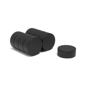 Black Round Circular Disc Epoxy Neodymium magnet with dimensions 20mm x 8mm, grade N52 , featuring a nickel-copper-nickel coating and an 13.10KG pull force, commonly used for DIY, crafts, woodworking, furniture making, manufacturing and science experiments.