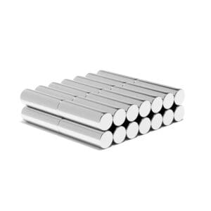 Round Circular Cylinder Rod Neodymium magnet with dimensions 6mm x 20mm, grade N40, featuring a nickel-copper-nickel coating and an 1.58KG pull force, commonly used in DIY, crafts, furniture design, fixings, kitchen design, sale display units, scale models, lock mechanisms, science experiments, computing and many more.