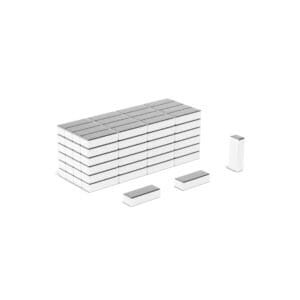Rectangular block Neodymium magnet with dimensions 8mm x 3mm x 2mm, grade N52, featuring a nickel-copper-nickel coating and an 0.67KG pull force, commonly used in DIY, crafts, furniture design, fixings, kitchen design, sale display units, scale models, lock mechanisms, science experiments, education, computing and many more.