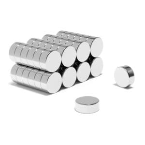 Round Circular Disc Neodymium magnet with dimensions 10mm x 4mm, grade N54 , featuring a nickel-copper-nickel coating and an 3.21KG pull force, commonly used in DIY, crafts, furniture design, fixings, kitchen design, sale display units, scale models, lock mechanisms, science experiments, computing and many more.