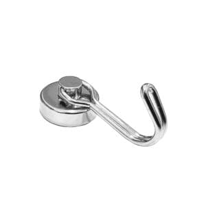 Magnetic Swivel Hook featuring a powerful magnetic base and a 360° rotating hook for maximum flexibility with dimensions 20mm, grade N35, featuring a nickel-copper-nickel coating and an 9.50KG pull force. Perfect for hanging tools, decorations, or supplies, they allow easy positioning and secure attachment to any magnetic surface.