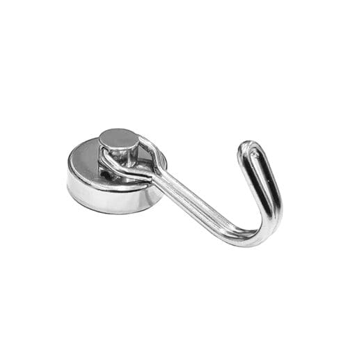 Magnetic Swivel Hook featuring a powerful magnetic base and a 360° rotating hook for maximum flexibility with dimensions 20mm, grade N35, featuring a nickel-copper-nickel coating and an 9.50KG pull force. Perfect for hanging tools, decorations, or supplies, they allow easy positioning and secure attachment to any magnetic surface.
