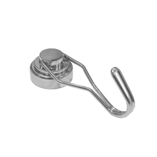 Magnetic Swivel Hook featuring a powerful magnetic base and a 360° rotating hook for maximum flexibility with dimensions 25mm, grade N35, featuring a nickel-copper-nickel coating and an 17.32G pull force. Perfect for hanging tools, decorations, or supplies, they allow easy positioning and secure attachment to any magnetic surface.