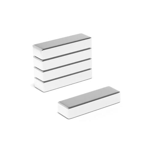 Rectangular Block Neodymium magnet with dimensions 25mm x 10mm x 5mm, grade N54, featuring a nickel-copper-nickel coating and an 8.64kg pull force, commonly used in industrial applications, electronics, and hobby projects.