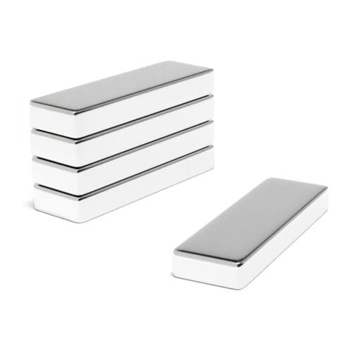 Rectangular Block Neodymium magnet with dimensions 30mm x 10mm x 5mm, grade N54, featuring a nickel-copper-nickel coating and an 9.64kg pull force, commonly used in industrial applications, electronics, and hobby projects.