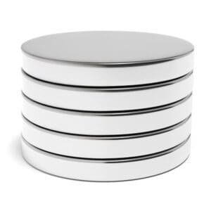 Round Circular Disc Neodymium magnet with dimensions 40mm x 5mm, grade N38, featuring a nickel-copper-nickel coating and an 12.81KG pull force, commonly used in DIY, crafts, furniture design, fixings, kitchen design, sale display units, scale models, lock mechanisms, science experiments, computing and many more.