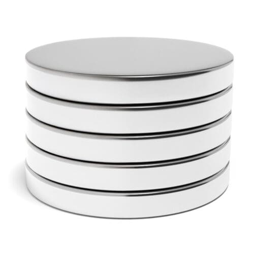 Round Circular Disc Neodymium magnet with dimensions 40mm x 5mm, grade N38, featuring a nickel-copper-nickel coating and an 12.81KG pull force, commonly used in DIY, crafts, furniture design, fixings, kitchen design, sale display units, scale models, lock mechanisms, science experiments, computing and many more.