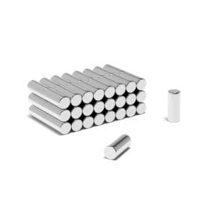 Round Circular Cylinder Rod Neodymium magnet with dimensions 5mm x 12mm, grade N38 , featuring a nickel-copper-nickel coating and an 0.96KG pull force, commonly used in DIY, crafts, furniture design, fixings, kitchen design, sale display units, scale models, lock mechanisms, science experiments, computing and many more.