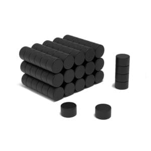 Black Round Circular Disc Epoxy Neodymium magnet with dimensions 5mm x 3mm, grade N50, featuring a nickel-copper-nickel coating and an 0.78KG pull force, commonly used for DIY, crafts, woodworking, furniture making, manufacturing and science experiments.