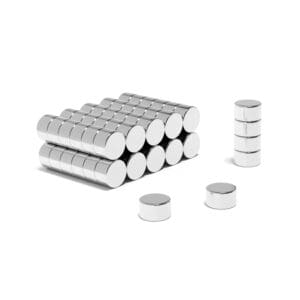 Round Circular Disc Neodymium magnet with dimensions 6mm x 5mm, grade N48 , featuring a nickel-copper-nickel coating and an 1.45KG pull force, commonly used in DIY, crafts, furniture design, fixings, kitchen design, sale display units, scale models, lock mechanisms, science experiments, computing and many more.