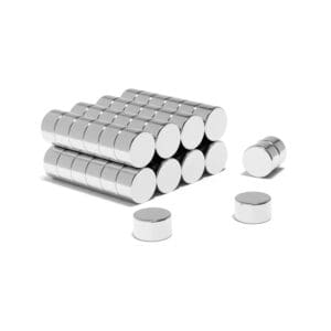 Round Circular Disc Neodymium magnet with dimensions 7mm x 4mm, grade N40, featuring a nickel-copper-nickel coating and an 1.37KG pull force, commonly used in DIY, crafts, furniture design, fixings, kitchen design, sale display units, scale models, lock mechanisms, science experiments, computing and many more.