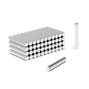 Round Circular Cylinder Rod Neodymium magnet with dimensions 3mm x 18mm, grade N52 , featuring a nickel-copper-nickel coating and an 0.45KG pull force, commonly used in DIY, crafts, furniture design, fixings, kitchen design, sale display units, scale models, lock mechanisms, science experiments, computing and many more.