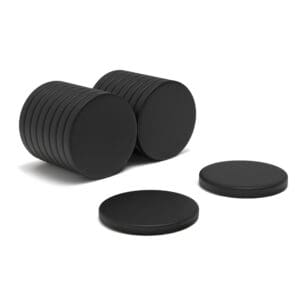 Black Round Circular Disc Epoxy Neodymium magnet with dimensions 22mm x 3mm, grade N52 , featuring a nickel-copper-nickel coating and an 4.93KG pull force, commonly used for DIY, crafts, woodworking, furniture making, manufacturing and science experiments.