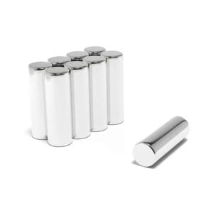 Round Circular Cylinder Rod Neodymium magnet with dimensions 8mm x 24mm, grade N38 , featuring a nickel-copper-nickel coating and an 2.74KG pull force, commonly used in DIY, crafts, furniture design, fixings, kitchen design, sale display units, scale models, lock mechanisms, science experiments, computing and many more.