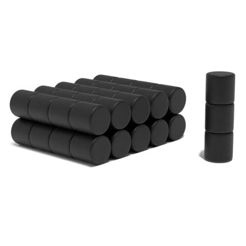 Black Cylinder Epoxy Neodymium magnet with dimensions 9mm x 9mm, grade N52 , featuring a nickel-copper-nickel coating and an 3.97KG pull force, commonly used for DIY, crafts, woodworking, furniture making, manufacturing and science experiments.