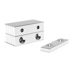 Square block Neodymium magnet with countersunk hole for screwing and with dimensions 40mm x 10mm x 5mm (3.5mm Double Hole) Neodymium Block Countersunk, grade N40, featuring a nickel-copper-nickel coating and an 8.81KG pull force, commonly used in DIY, crafts, furniture design, fixings, kitchen design, lock mechanisms and science experiments.