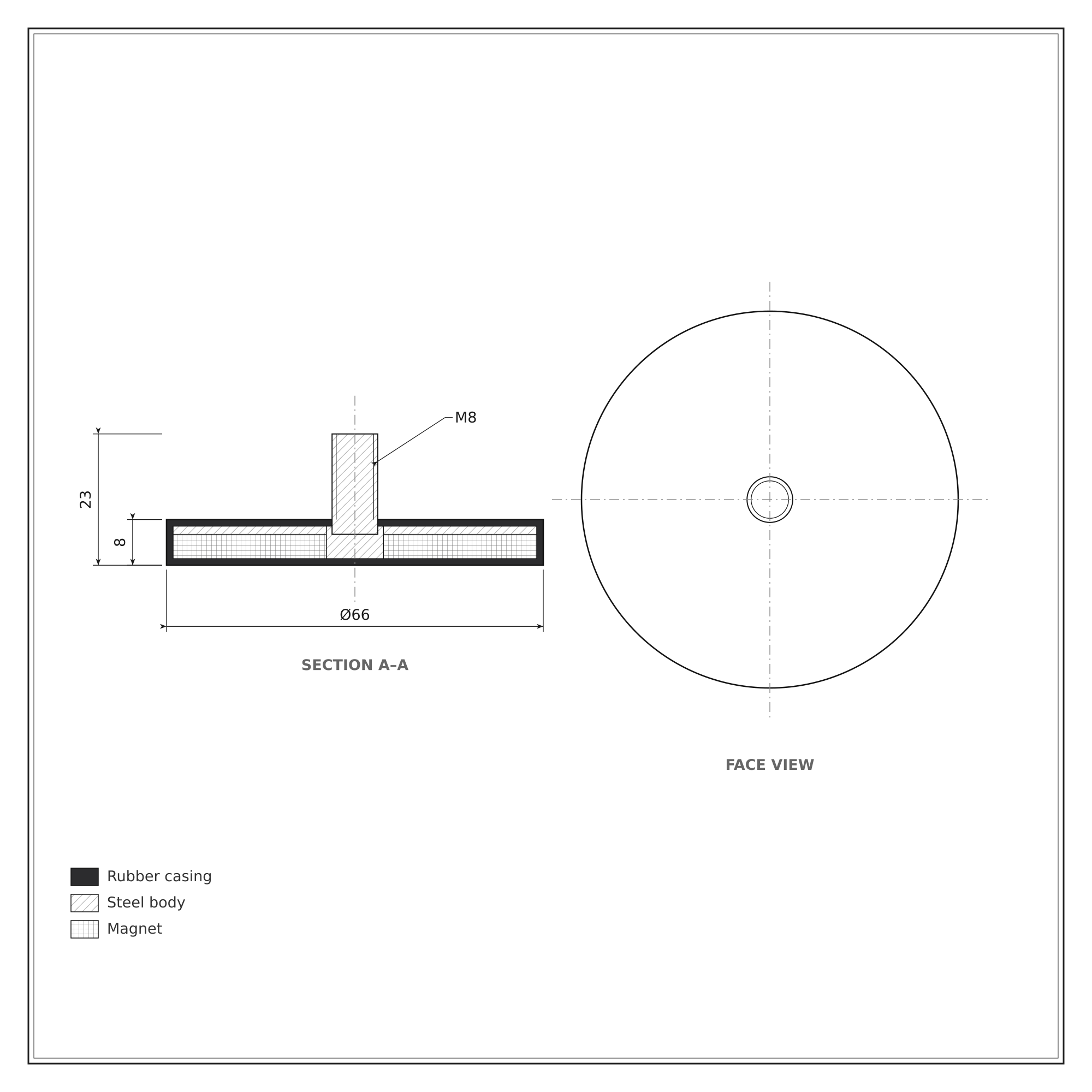 66mm x 23mm Rubber Coated Neodymium Disc Magnet with External Thread N35 (20KG Pull) - Image 2