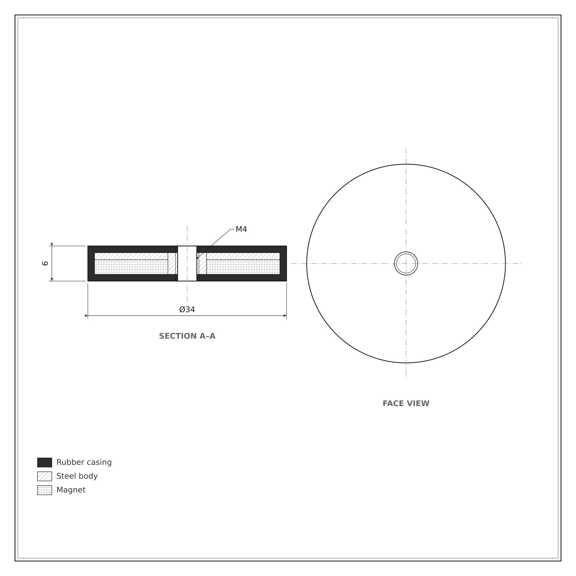 34mm x 6mm (4mm Hole) Rubber Coated Neodymium Disc Magnet with Internal Thread (6KG Pull) - Image 2
