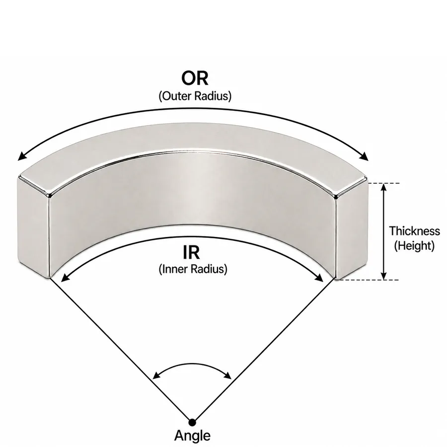 Dimensioned drawing of a neodymium arc magnet, showing outer radius, inner radius, length and thickness