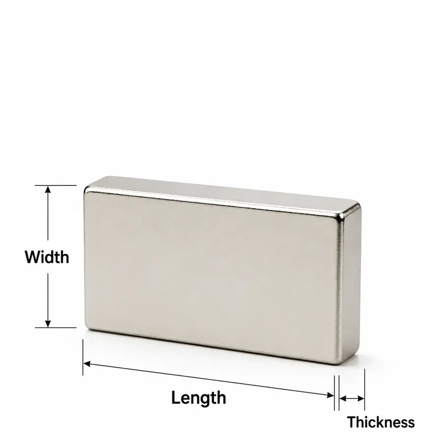 Dimensioned drawing of a neodymium block magnet showing length, width and thickness