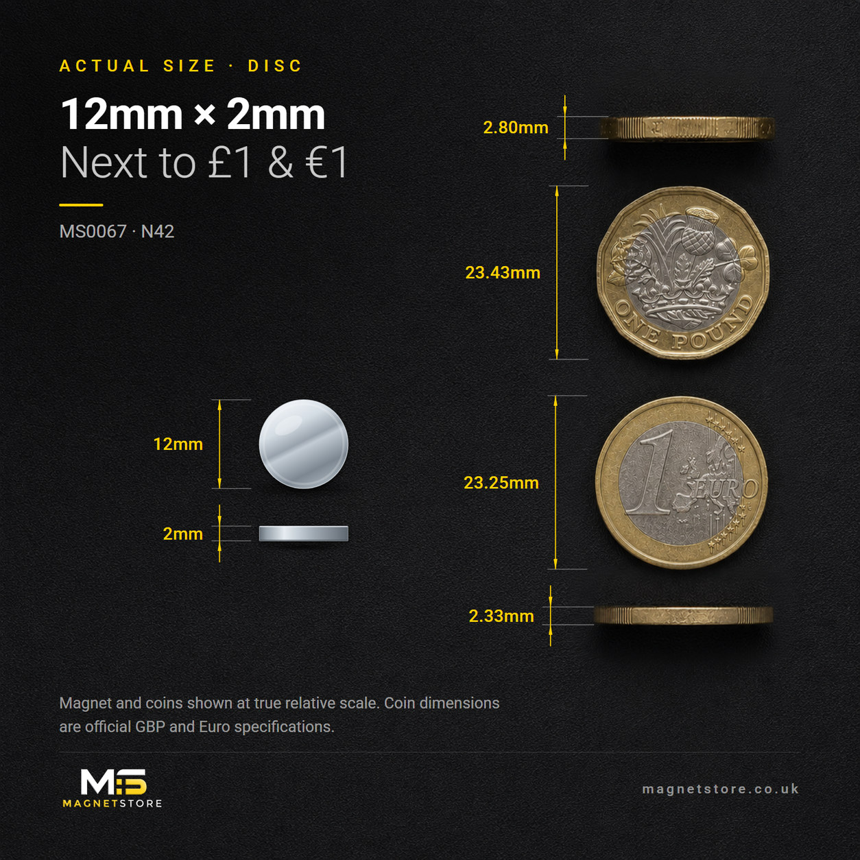 12mm x 2mm disc magnet, shown at actual size beside a UK one pound coin and a one euro coin for scale